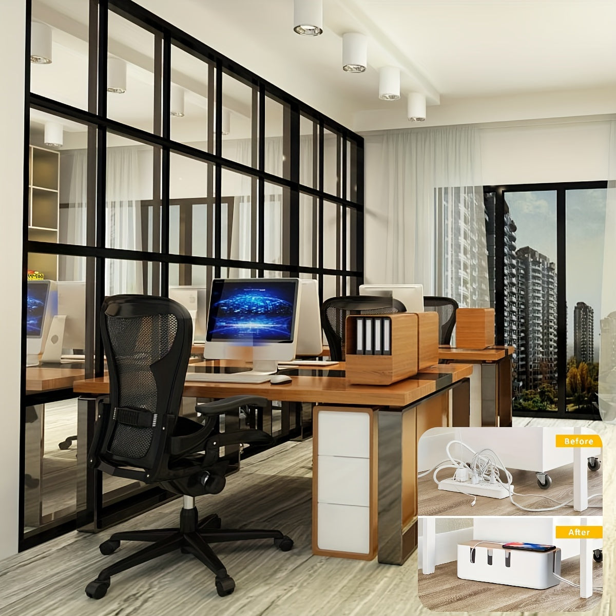 Desknirvana kabel organizer– Houd je bureau opgeruimd en veilig, Kunststof met Bamboe Deksel