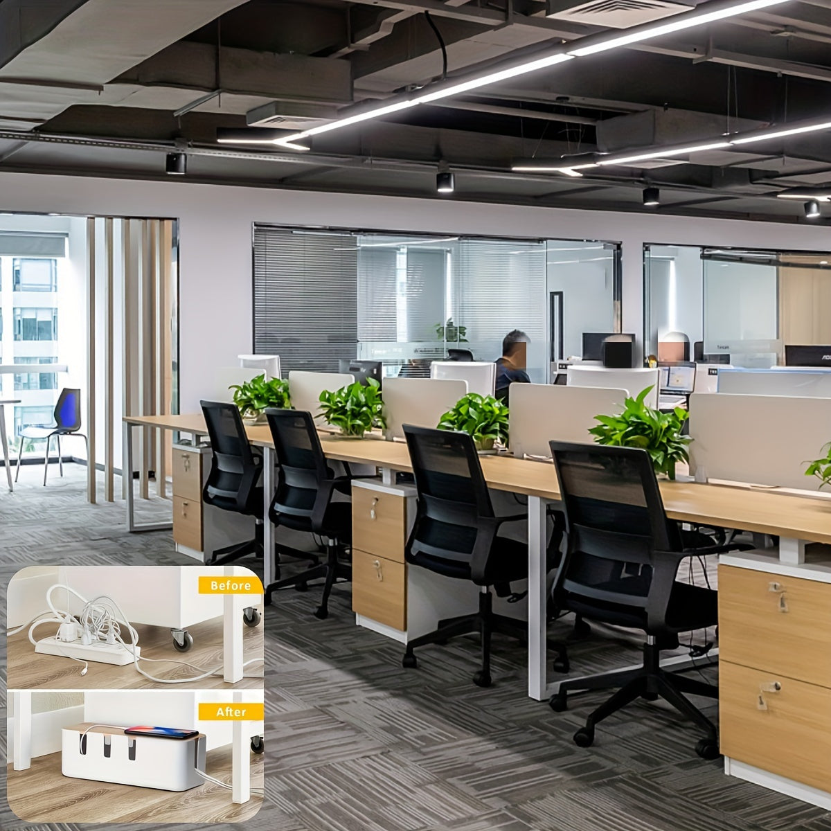 Desknirvana kabel organizer– Houd je bureau opgeruimd en veilig, Kunststof met Bamboe Deksel